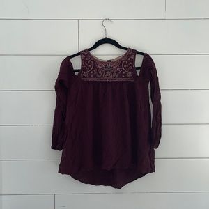 Xhilaration Long Sleeve Cut Out Shoulders Lace Back Blouse Top Magenta S #0109